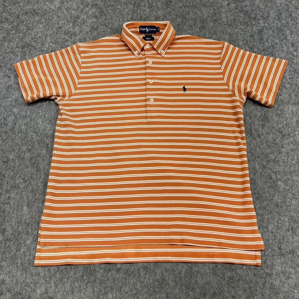 Ralph Lauren Polo Shirt Mens M Orange White Stripe Button Down Collar Pony Big
